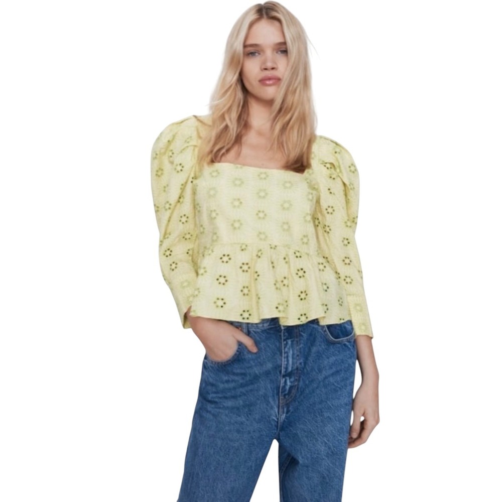 Zara Peplum Lime Yellow Eyelet Embroidered Puff Sleeve‎ Square Neck Top M Cotton